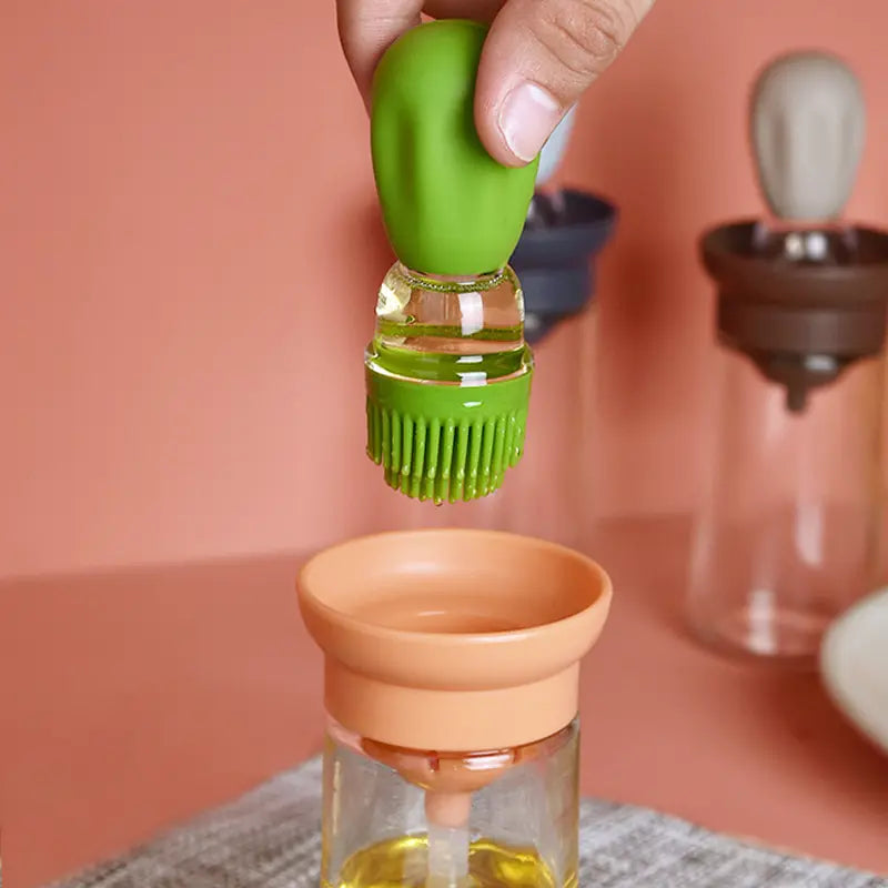 2 in 1 Glass Olive Oil Dispenser Bottle with Silicone Brush - front view