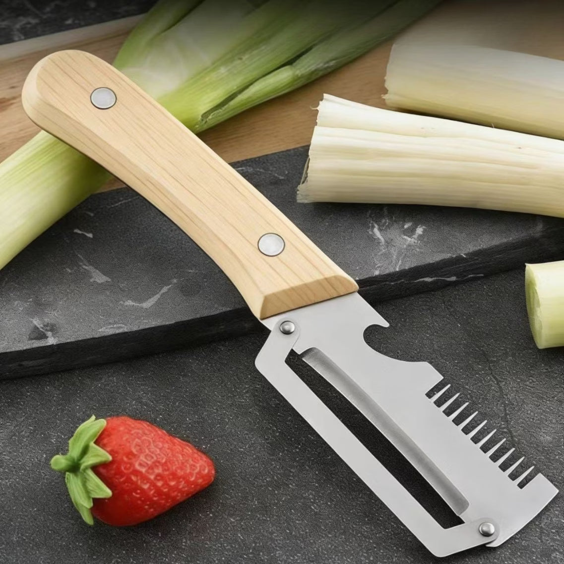 SliceGrip Pro Stainless Steel Onion Holder & Peeler Tool - - front view
