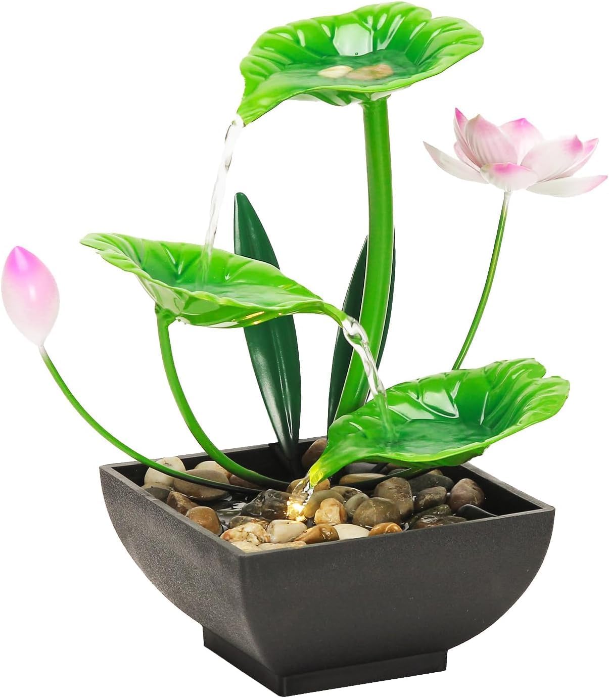 3-Tier Lotus Indoor Waterfall Fountain – Tabletop Relaxation Water Fountain with Pump & Natural Rocks