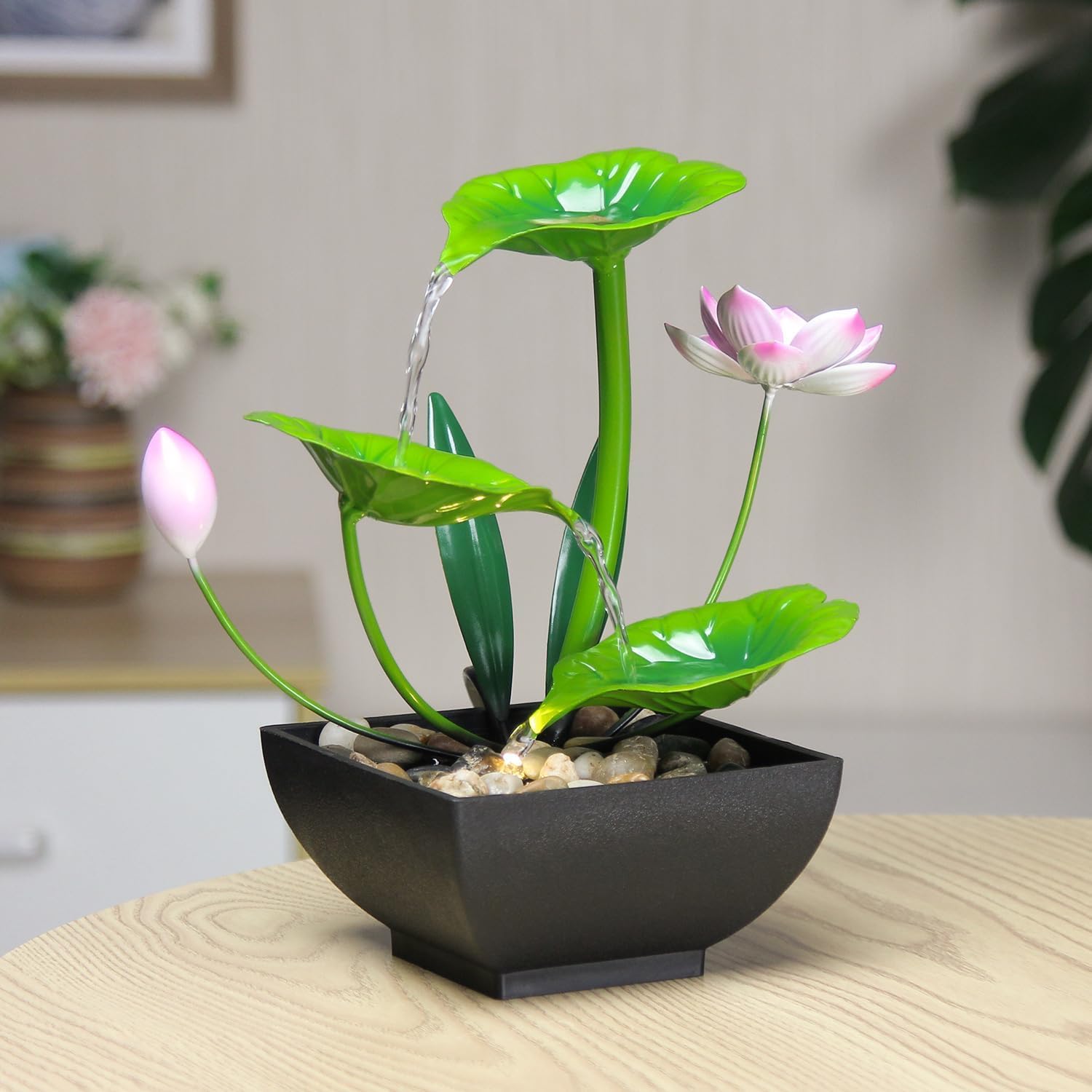 3-Tier Lotus Indoor Waterfall Fountain – Tabletop Relaxation Water Fountain with Pump & Natural Rocks