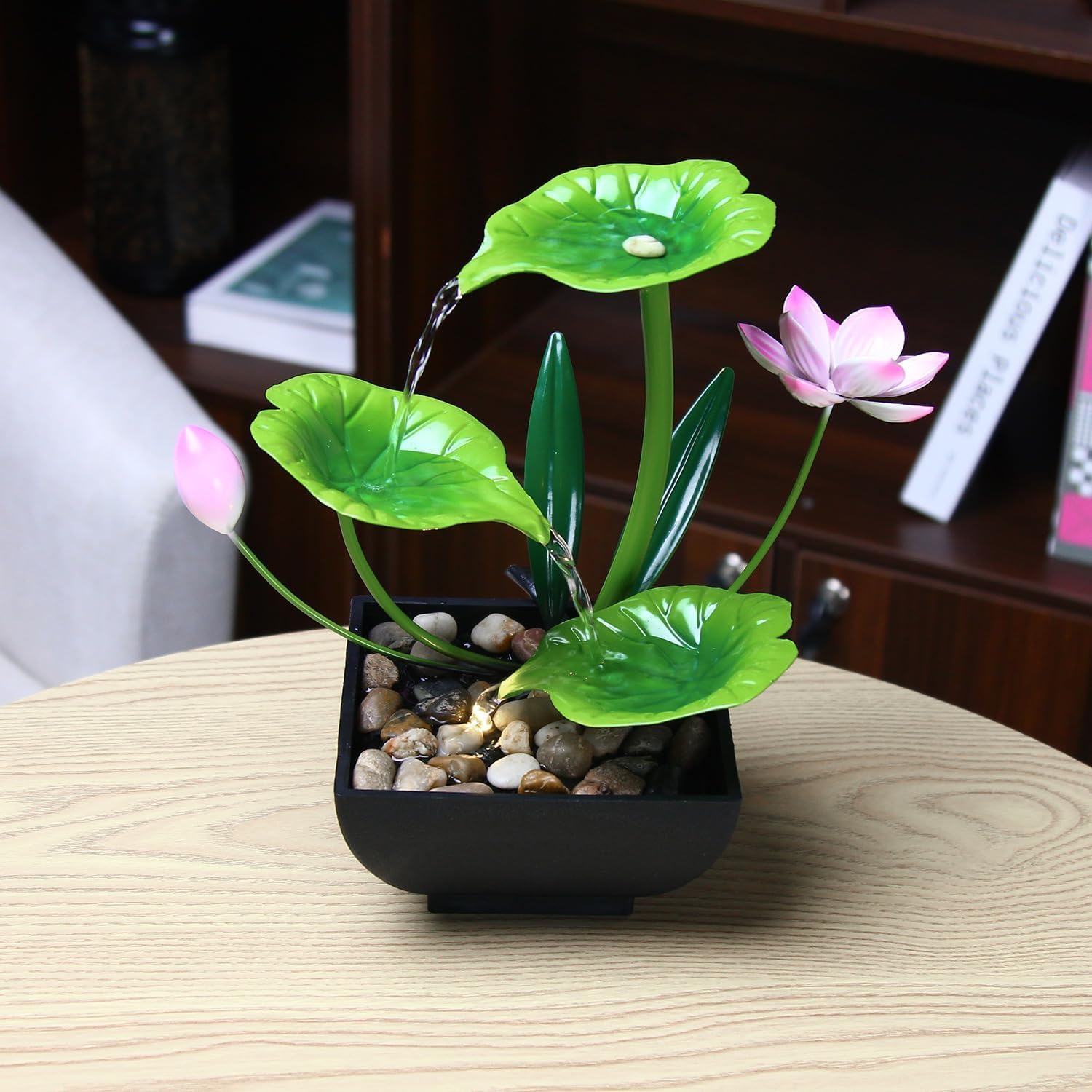 3-Tier Lotus Indoor Waterfall Fountain – Tabletop Relaxation Water Fountain with Pump & Natural Rocks