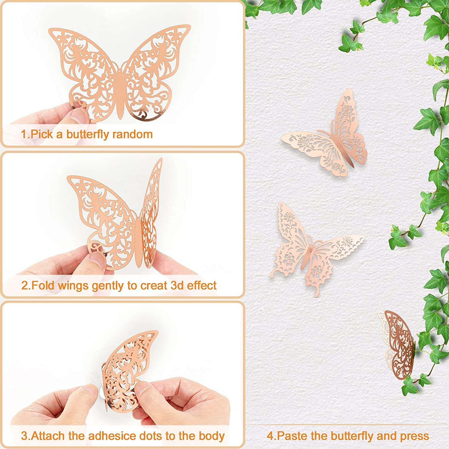 3D Rose Gold Butterfly Wall Stickers – Reusable Metallic Wall Decor for Bedroom & Living Room