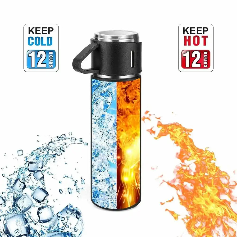 Stainless Steel Vacuum Insulated Water Bottle Gift Set with 2 Cups – 500ml Hot & Cold Thermos Bottle