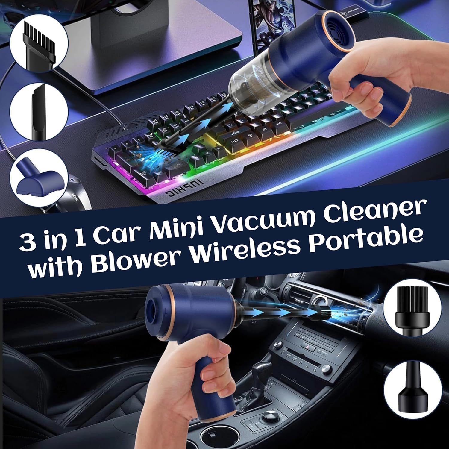 3 in 1 Portable Car Vacuum Cleaner – Wireless Handheld Vacuum with Blower & HEPA Filter