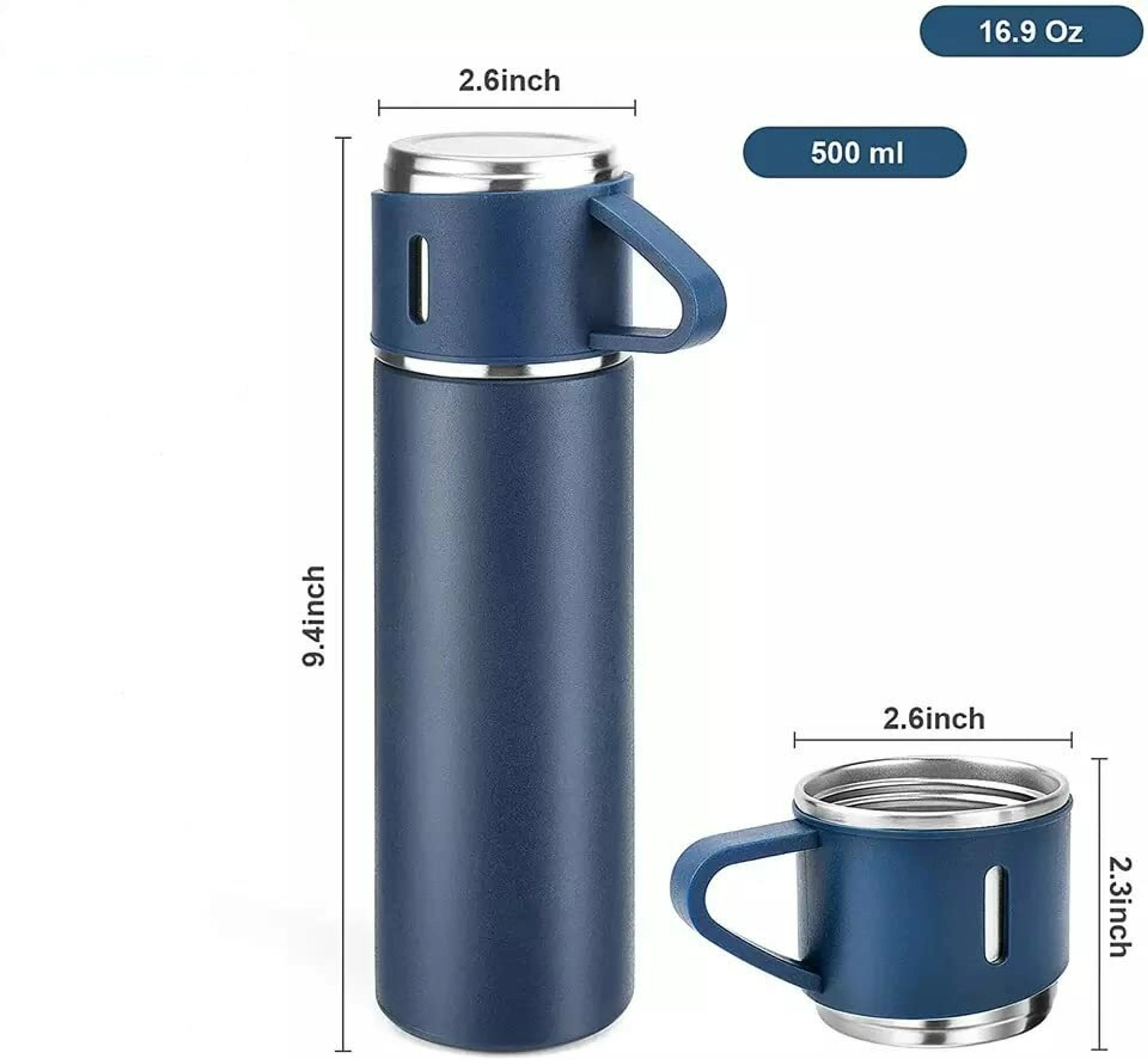 Stainless Steel Vacuum Insulated Water Bottle Gift Set with 2 Cups – 500ml Hot & Cold Thermos Bottle
