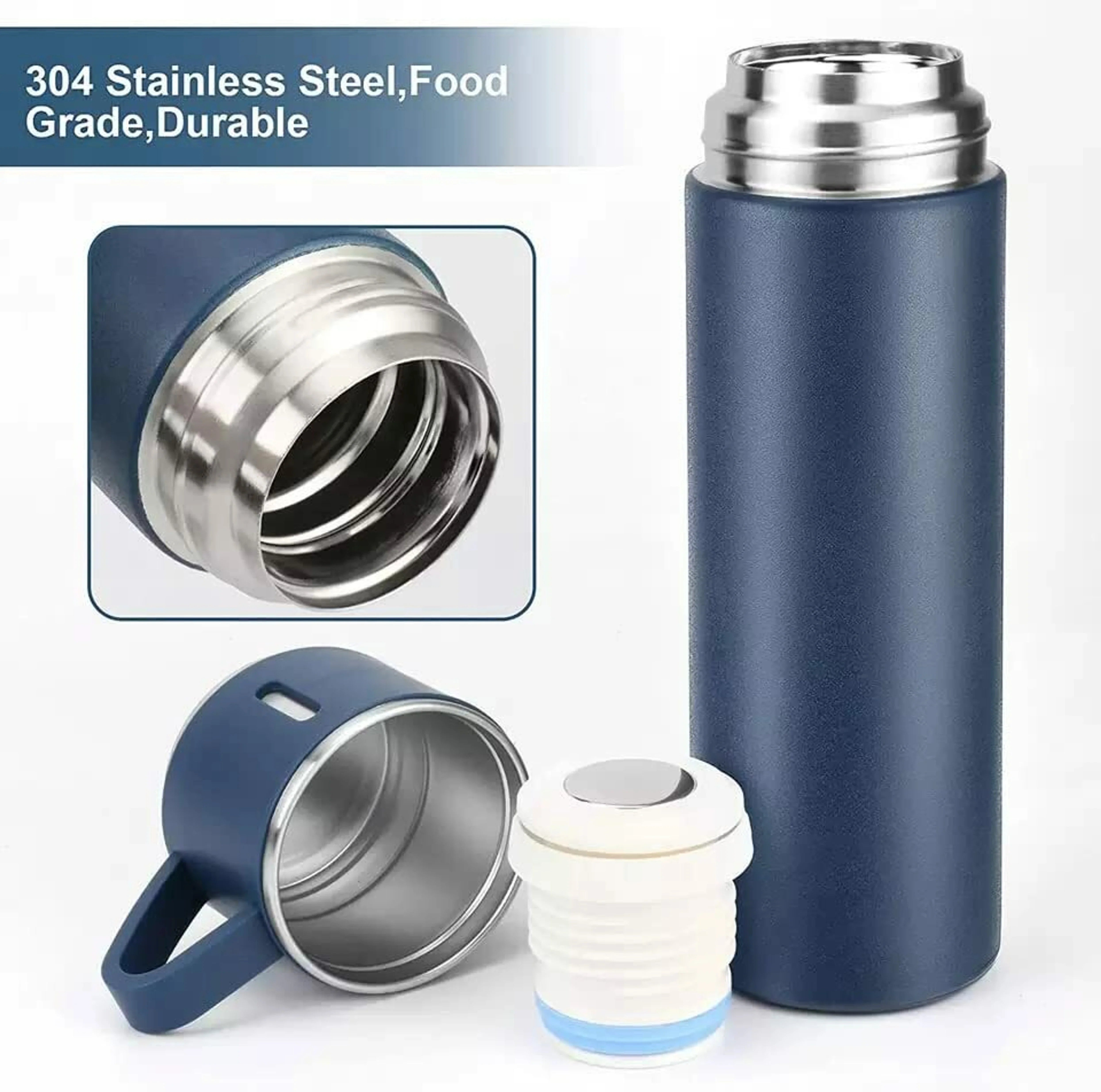 Stainless Steel Vacuum Insulated Water Bottle Gift Set with 2 Cups – 500ml Hot & Cold Thermos Bottle