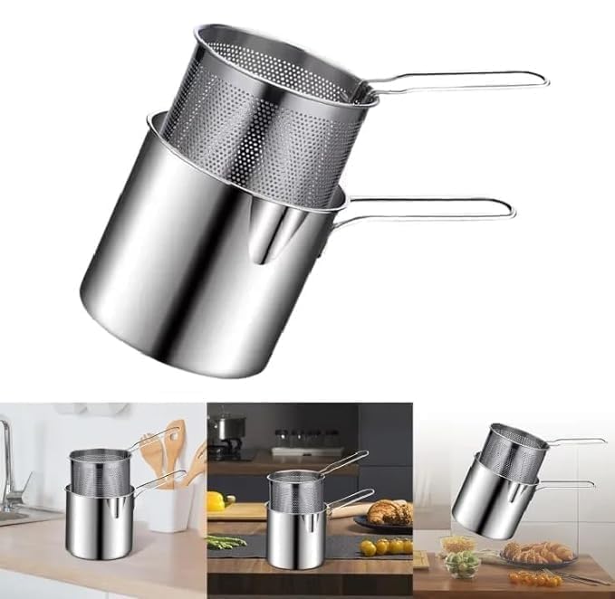 Stainless Steel Deep Fryer Pot with Oil Filter Basket - in use