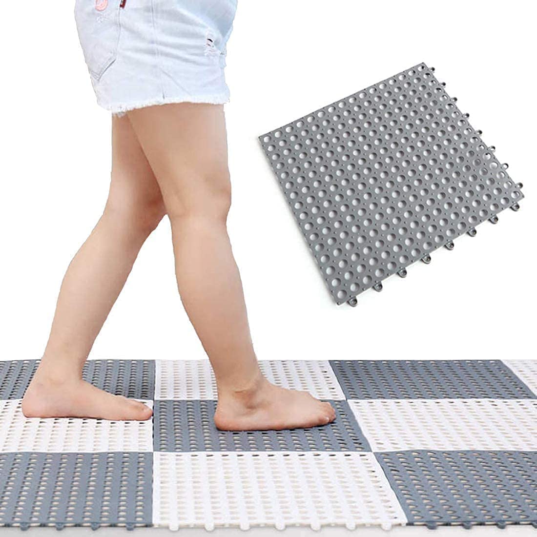 Interlocking Non-Slip Shower Floor Mat Set of 2 Grey White Bathroom Tiles