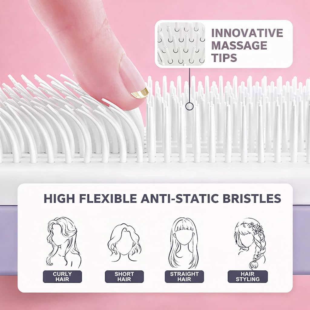 Self Cleaning Hair Detangler Brush for Women & Kids | Anti-Static Wet & Dry Hair Brush with Scalp Massage Bristles