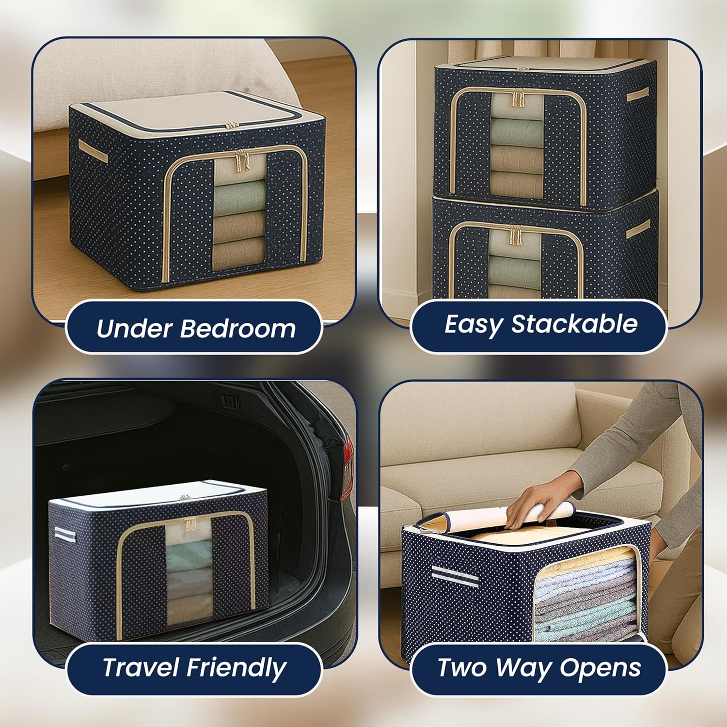 66L Foldable Clothes Storage Organizer Box with Steel Frame & Zipper