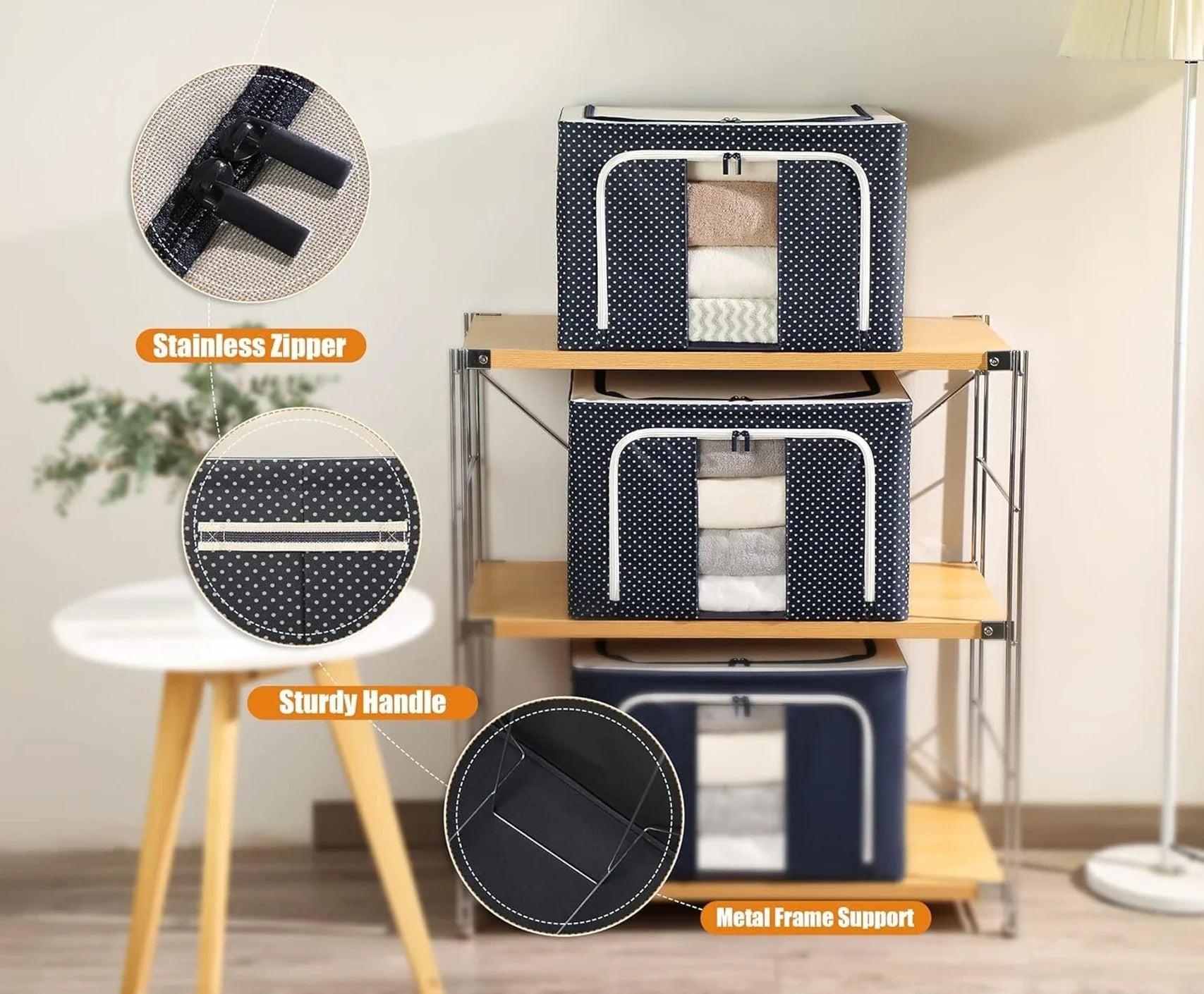 66L Foldable Clothes Storage Organizer Box with Steel Frame & Zipper