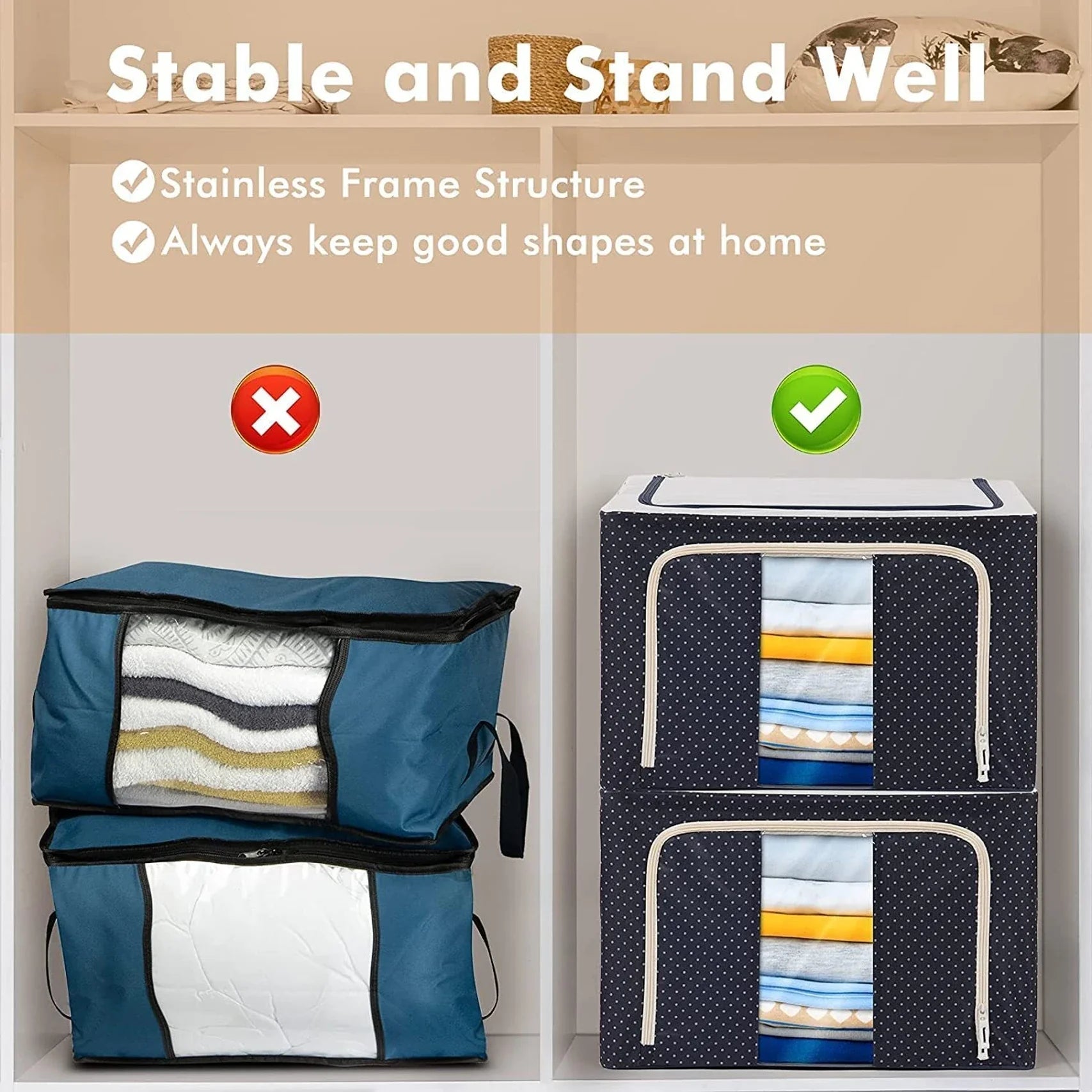 66L Foldable Clothes Storage Organizer Box with Steel Frame & Zipper