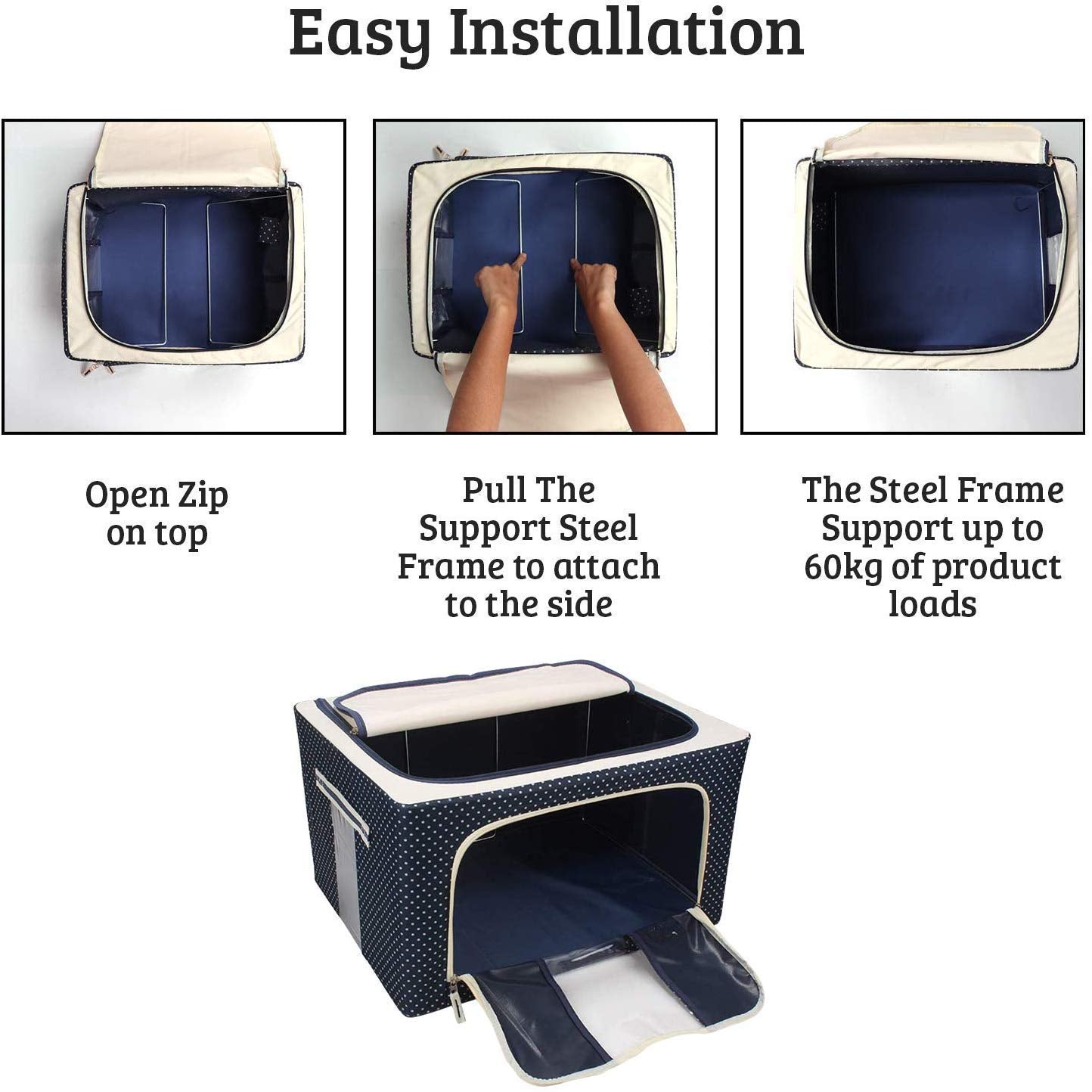 66L Foldable Clothes Storage Organizer Box with Steel Frame & Zipper