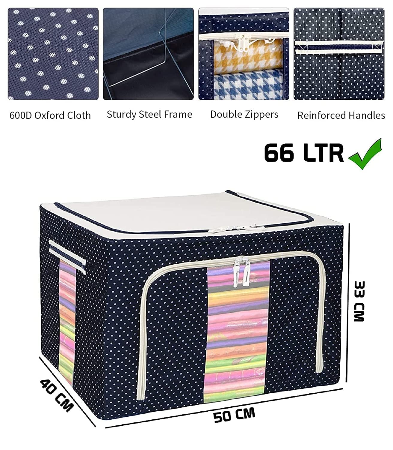 66L Foldable Clothes Storage Organizer Box with Steel Frame & Zipper