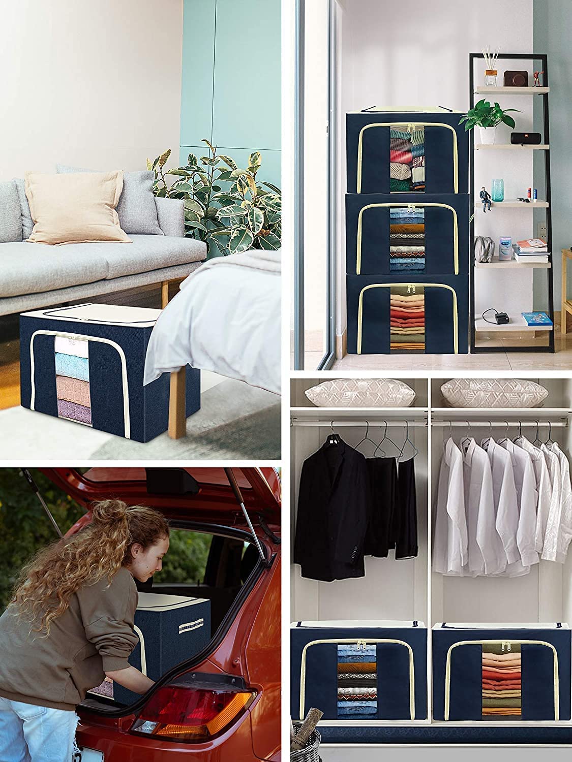 66L Foldable Clothes Storage Organizer Box with Steel Frame & Zipper