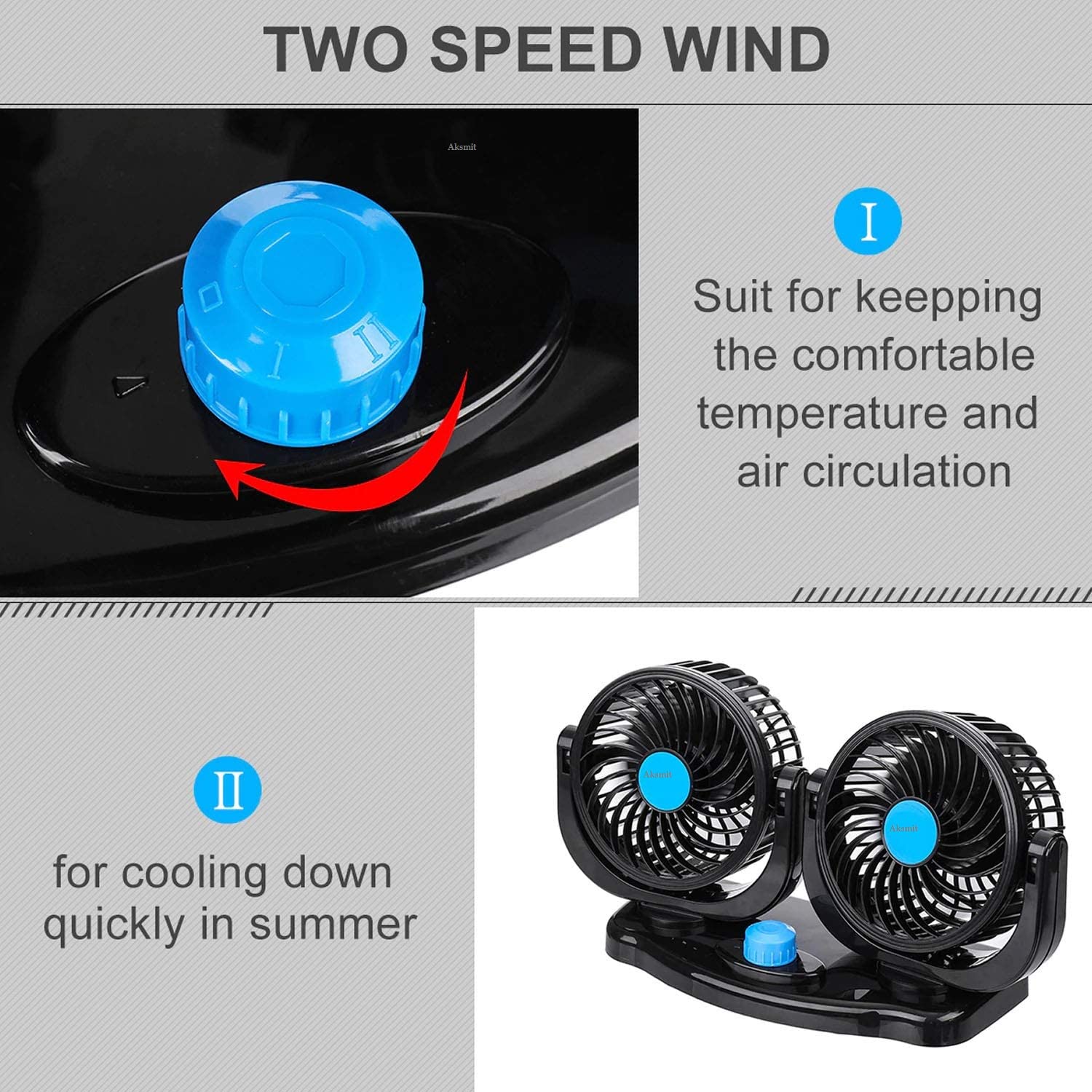 Dual Head Car Fan 12V 360° Rotatable Dashboard Cooling Fan
