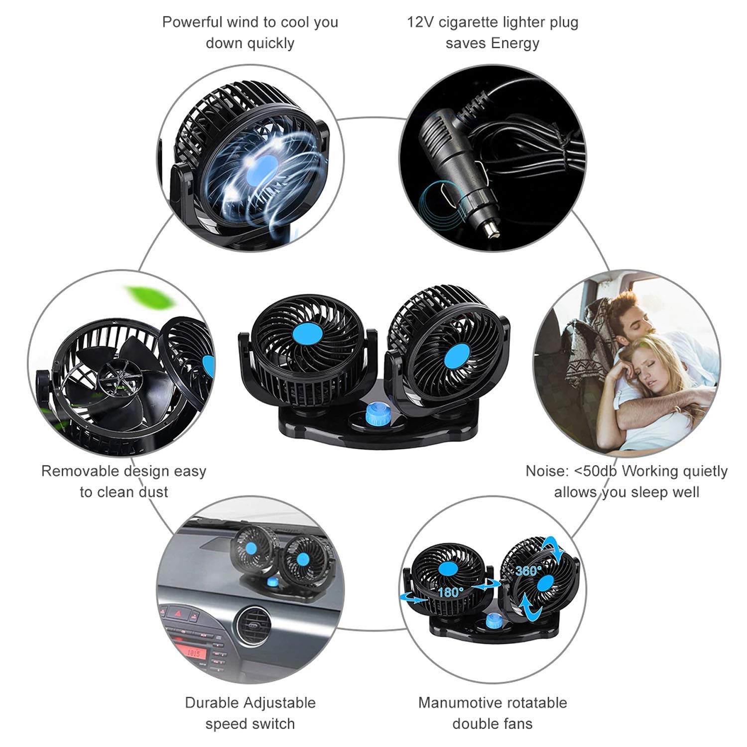 Dual Head Car Fan 12V 360° Rotatable Dashboard Cooling Fan
