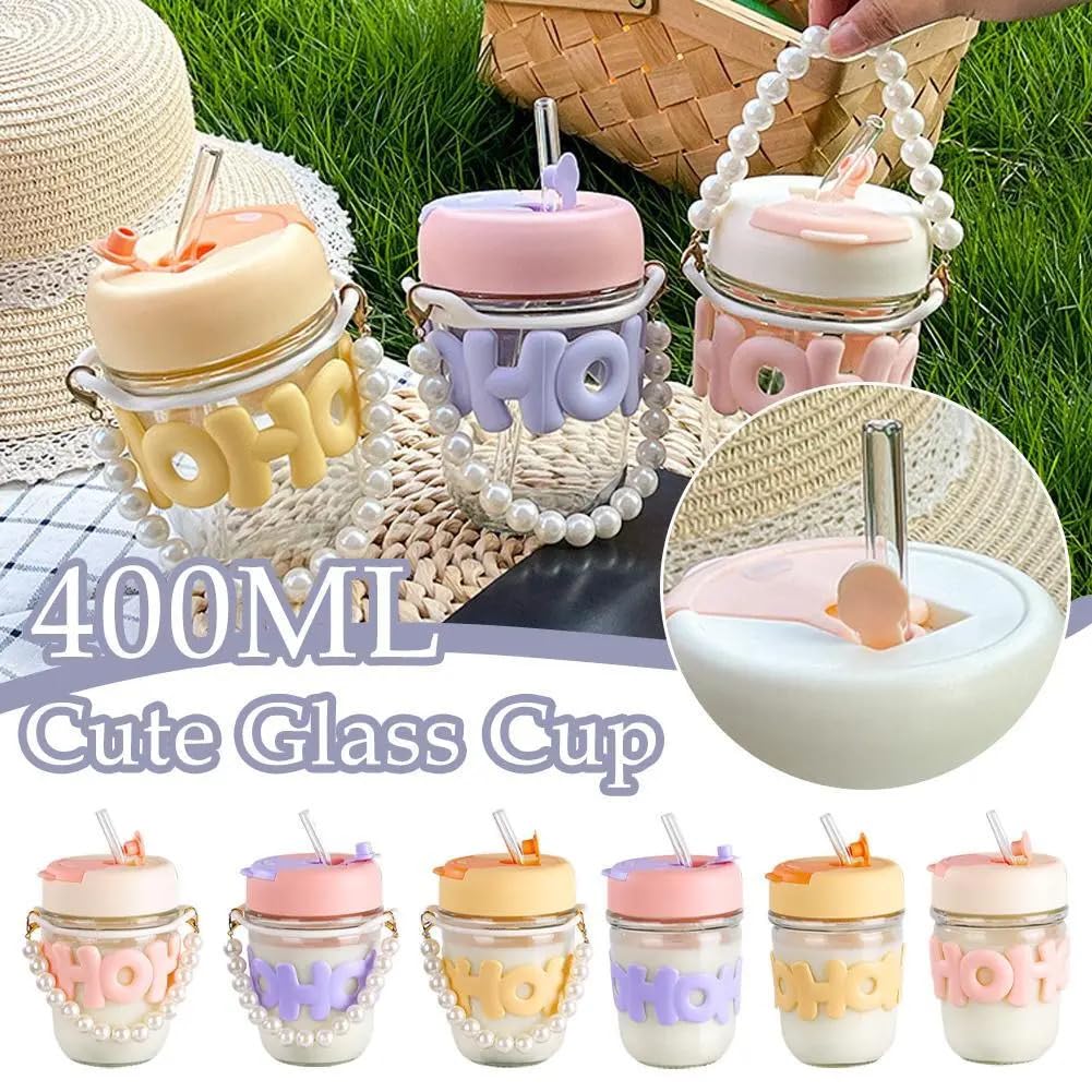 Glass Coffee Mug with Pearl Chain & Sleeve – Reusable Travel Sipper with Double Straw & Lid