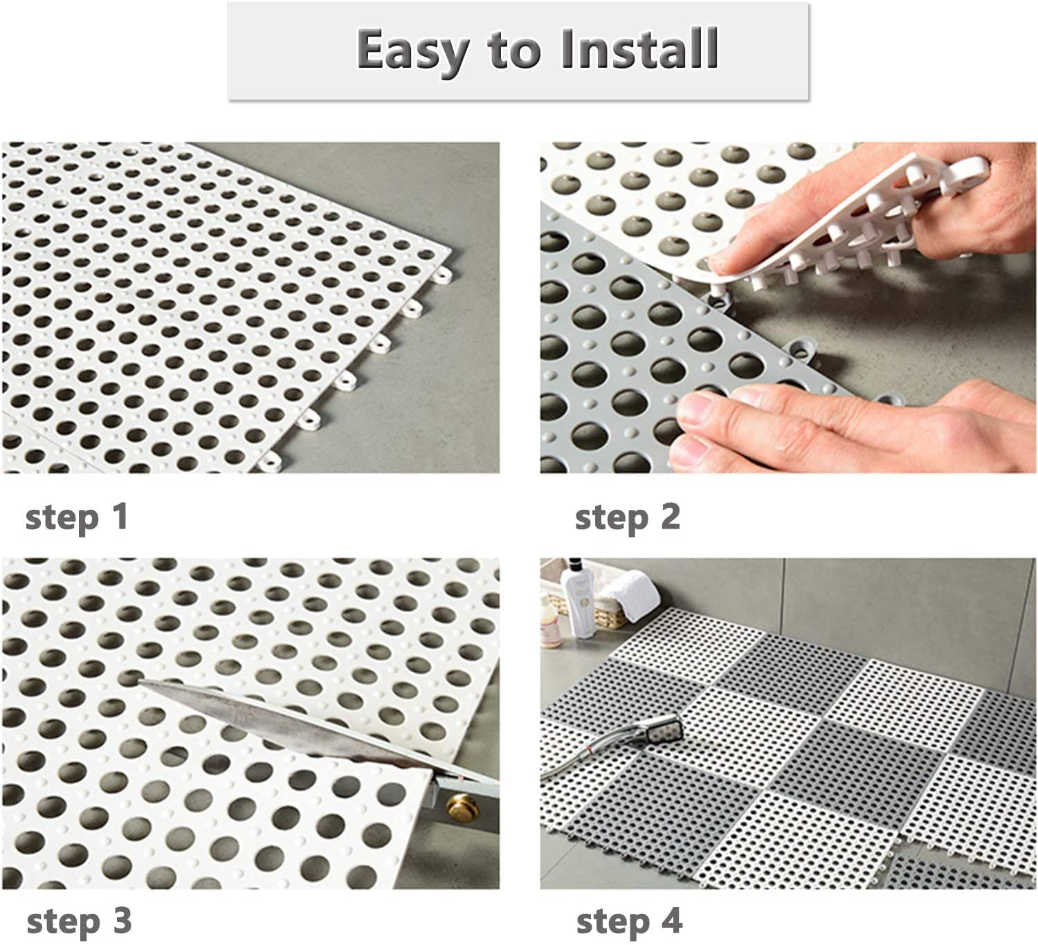 Interlocking Non-Slip Shower Floor Mat Set of 2 Grey White Bathroom Tiles