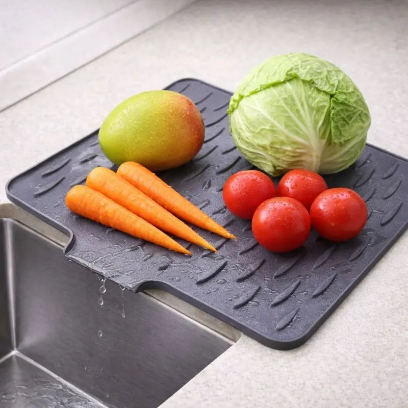 Silicone Dish Drying Mat with Smart Drainage - in use