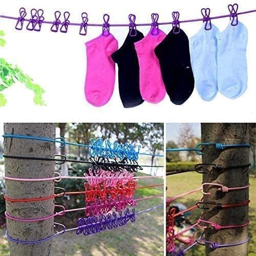 Elastic Clothes Drying Rope with 12 Clips & Hooks – Portable Cloth Drying Line for Home & Travel