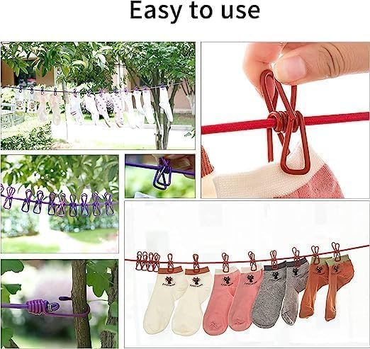 Elastic Clothes Drying Rope with 12 Clips & Hooks – Portable Cloth Drying Line for Home & Travel