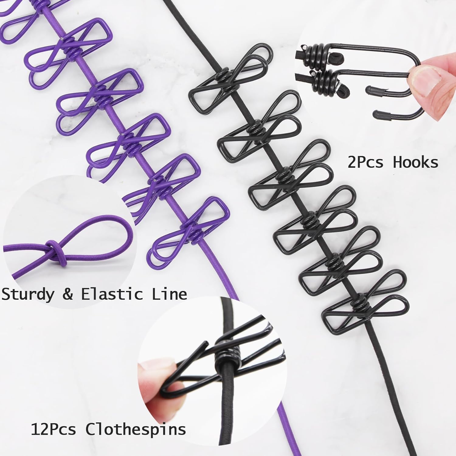 Elastic Clothes Drying Rope with 12 Clips & Hooks – Portable Cloth Drying Line for Home & Travel