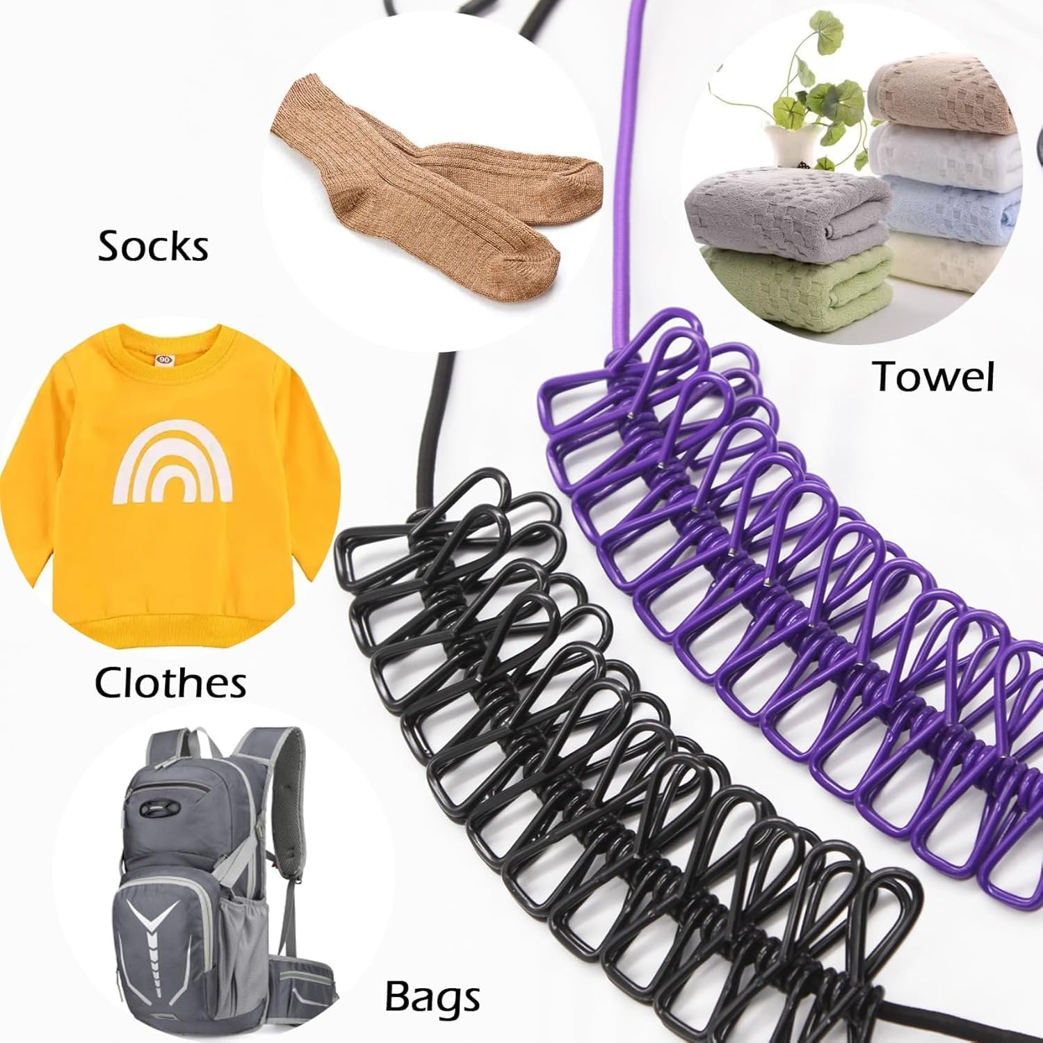 Elastic Clothes Drying Rope with 12 Clips & Hooks – Portable Cloth Drying Line for Home & Travel