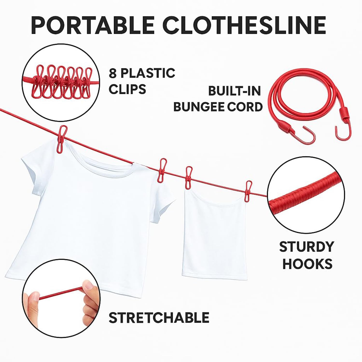Elastic Clothes Drying Rope with 12 Clips & Hooks – Portable Cloth Drying Line for Home & Travel