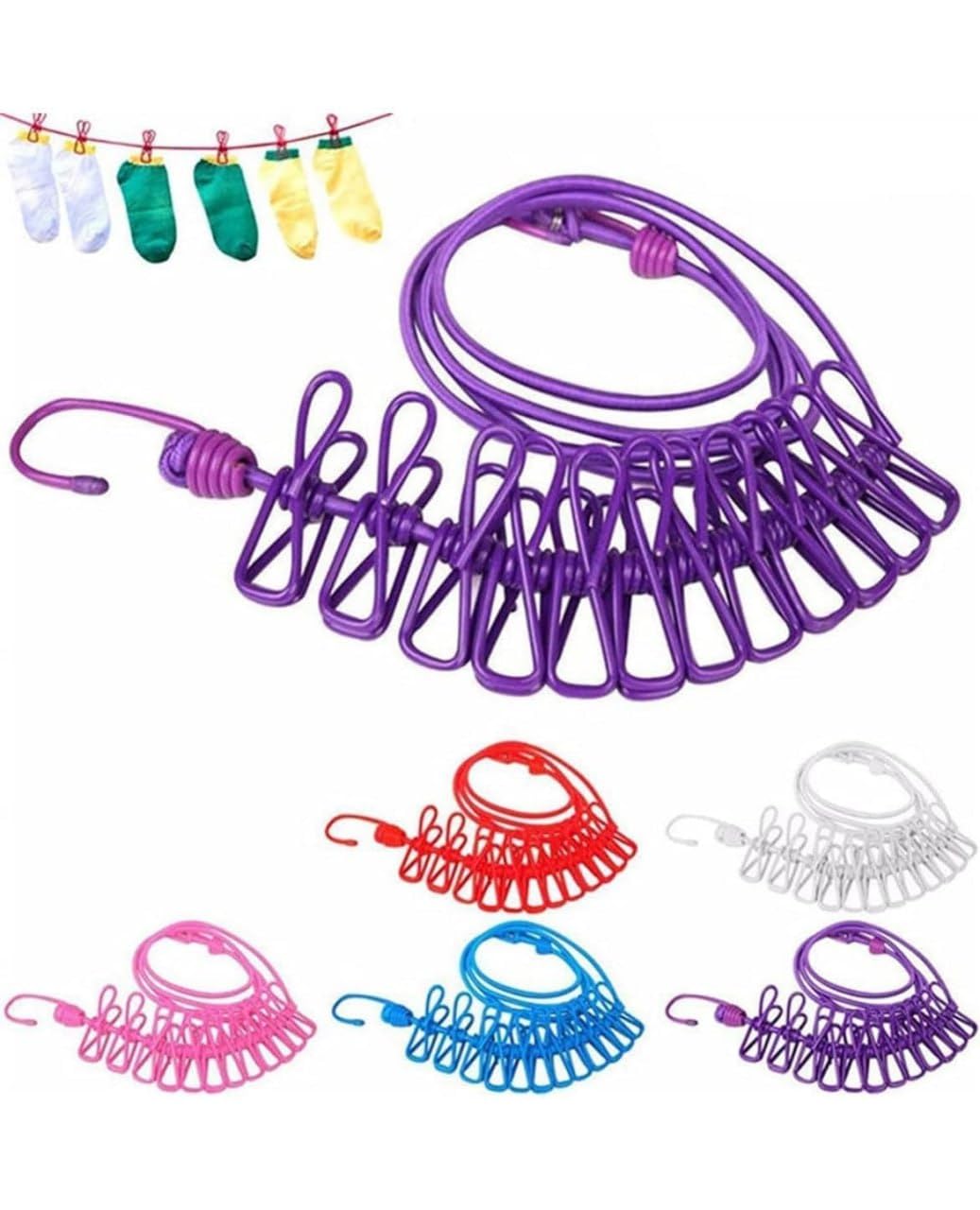 Elastic Clothes Drying Rope with 12 Clips & Hooks – Portable Cloth Drying Line for Home & Travel