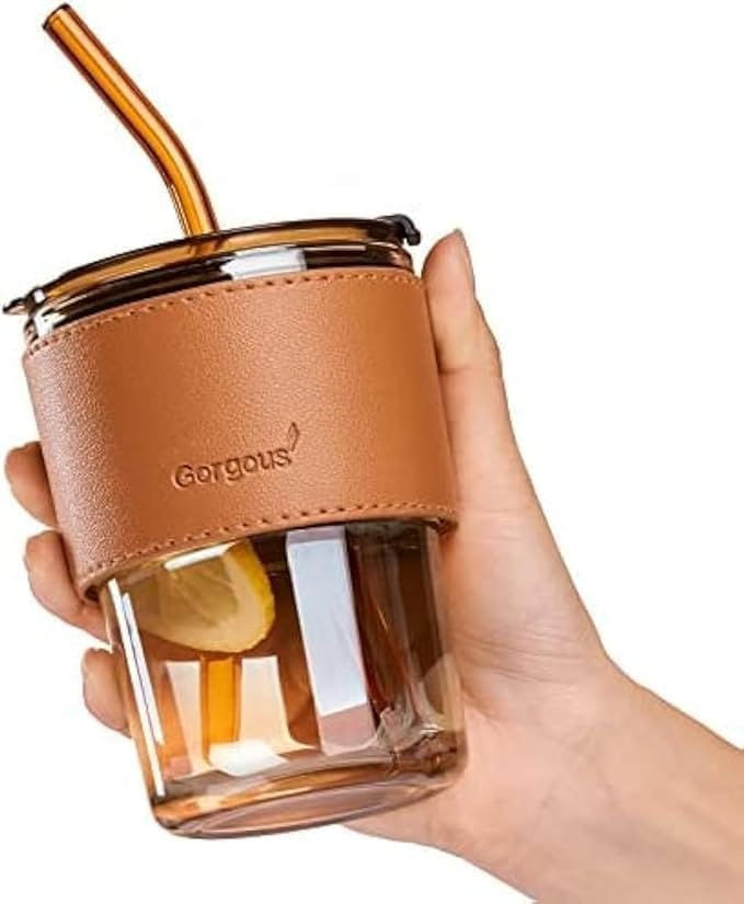 Glass Tumbler with Lid Straw & Leather Sleeve 450ml Drinking Cup
