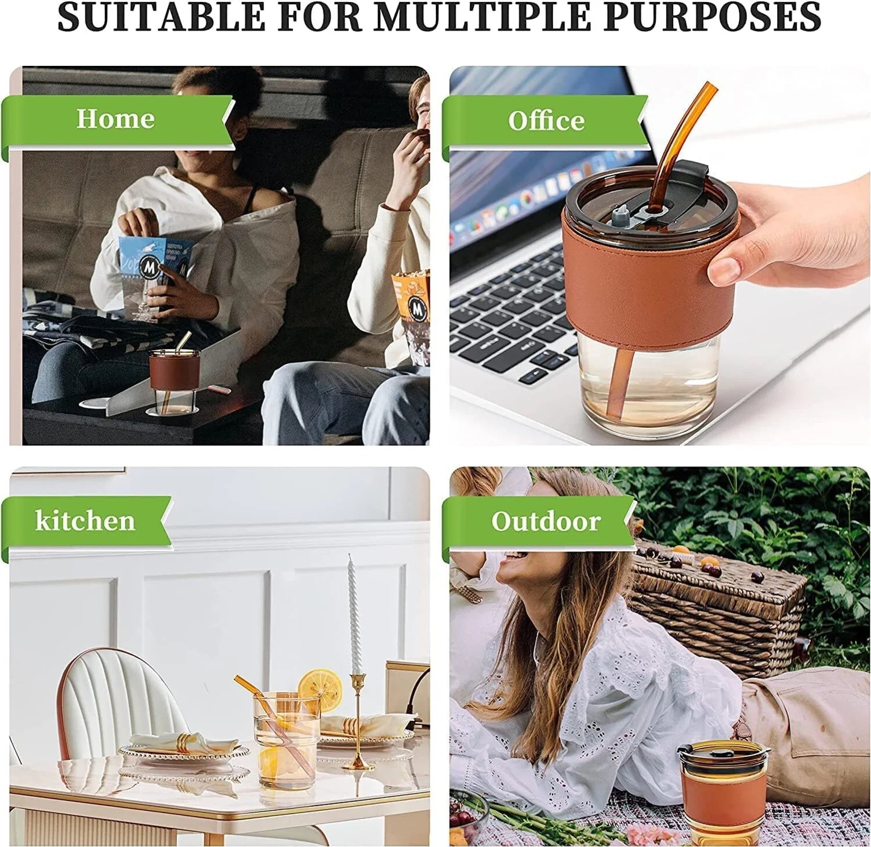 Glass Tumbler with Lid Straw & Leather Sleeve 450ml Drinking Cup