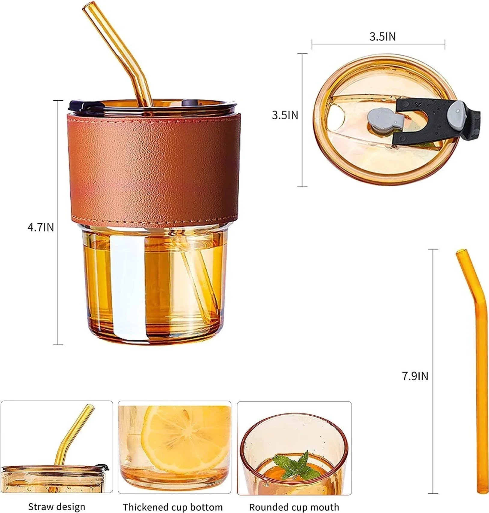Glass Tumbler with Lid Straw & Leather Sleeve 450ml Drinking Cup
