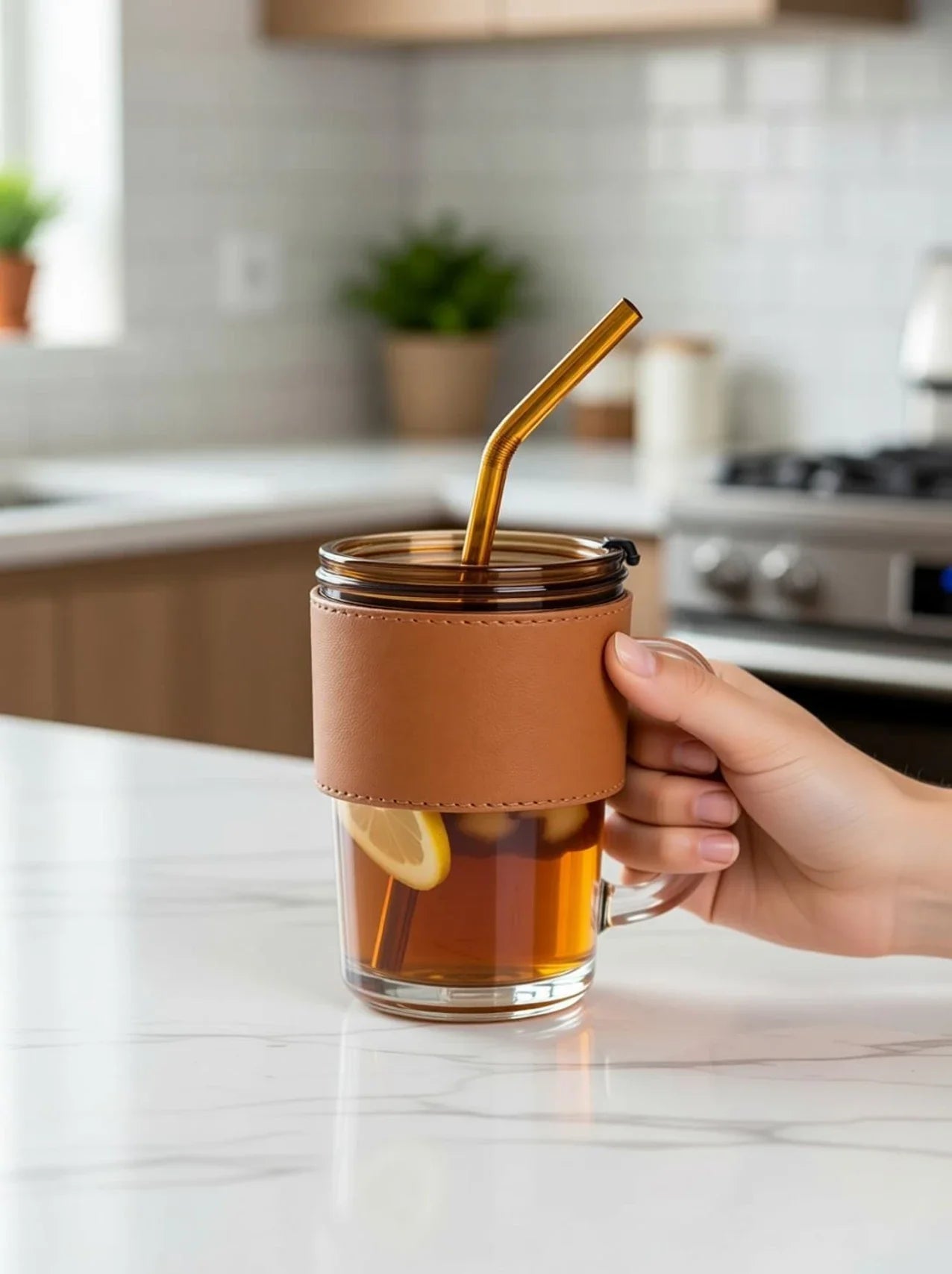 Glass Tumbler with Lid Straw & Leather Sleeve 450ml Drinking Cup