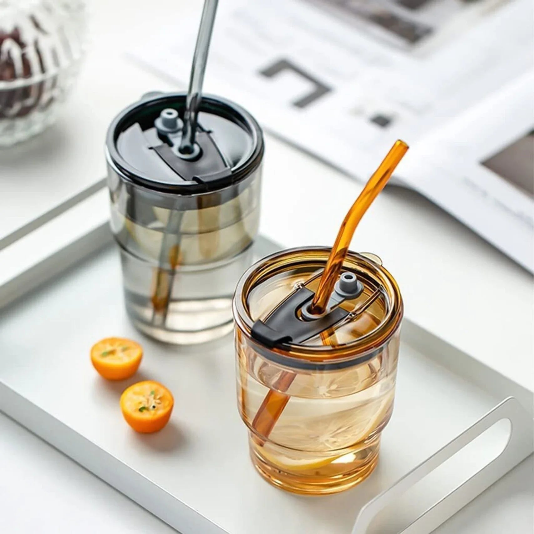 Glass Tumbler with Lid Straw & Leather Sleeve 450ml Drinking Cup