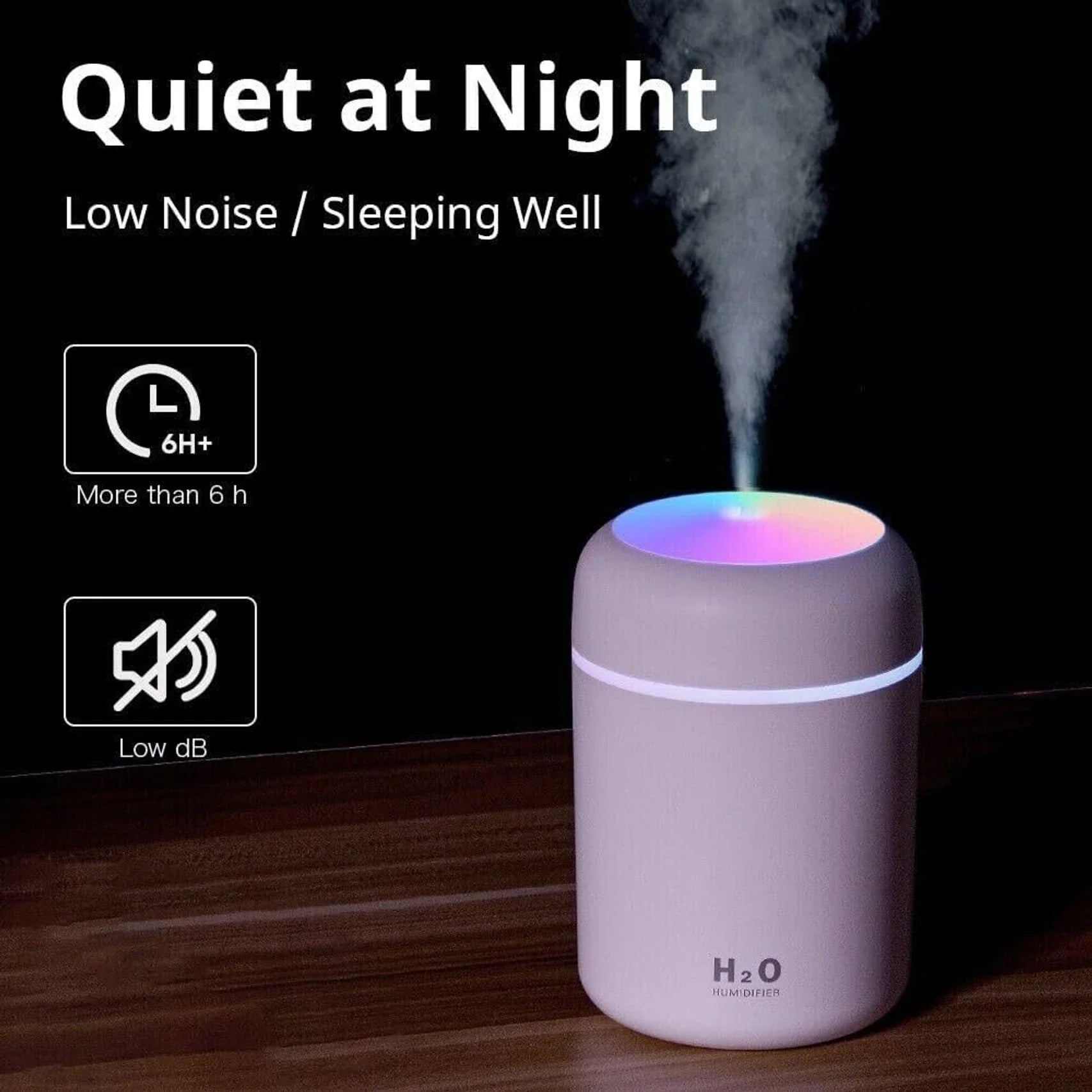 H2O Humidifier - Mini Ultrasonic Cool Mist, Portable & Quiet Air Purifier with LED Night Light