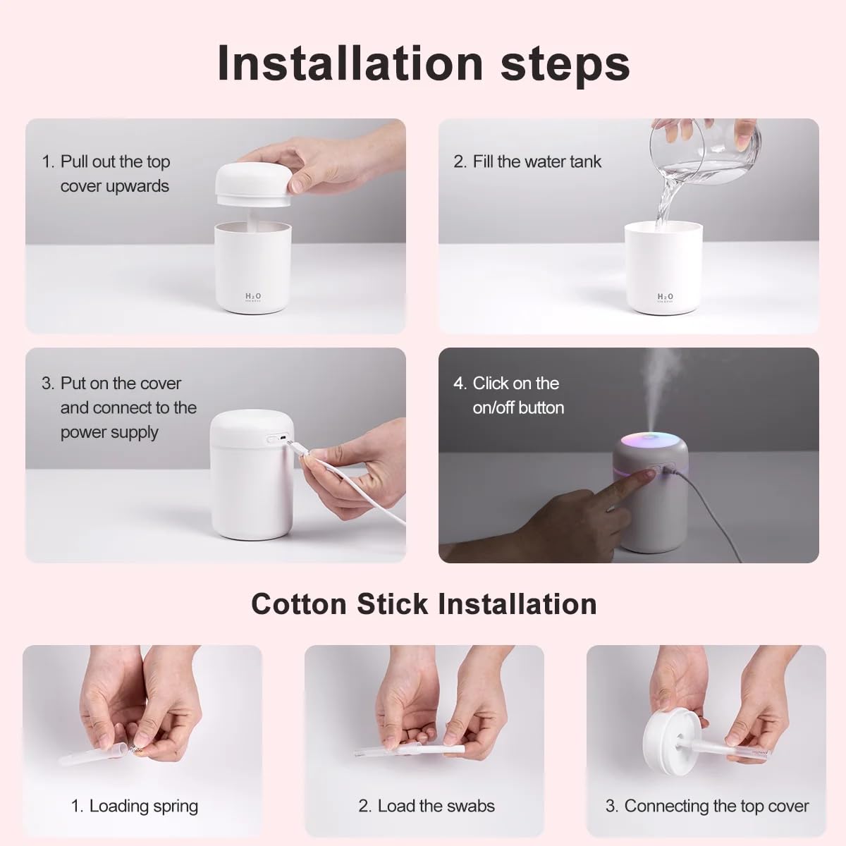H2O Humidifier - Mini Ultrasonic Cool Mist, Portable & Quiet Air Purifier with LED Night Light