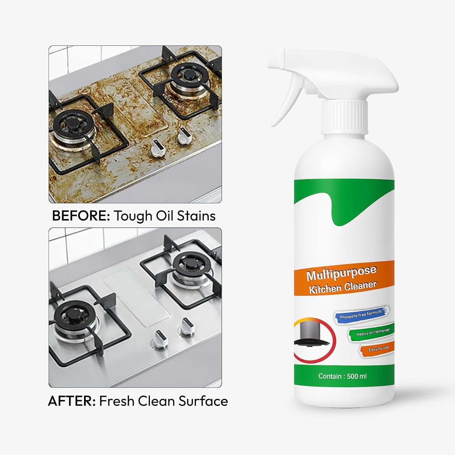 Kitchen Cleaner Spray 500ml – Oil & Grease Stain Remover for Gas Stove, Chimney & Grill