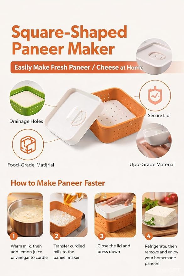 Paneer Maker Mould – Square Tofu Press with Perforated Base for Homemade Paneer & Sprouts