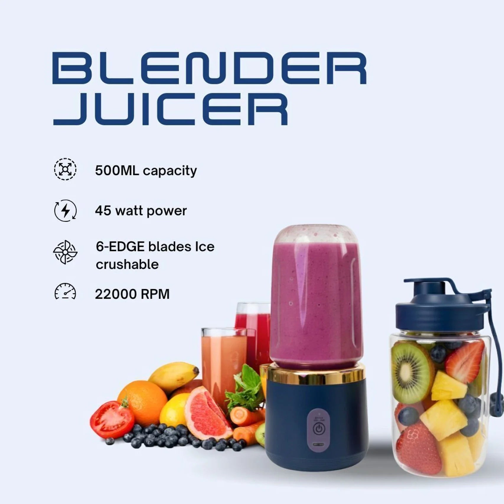 Portable Mini Juicer Blender 500ml – USB Rechargeable Mixer Grinder