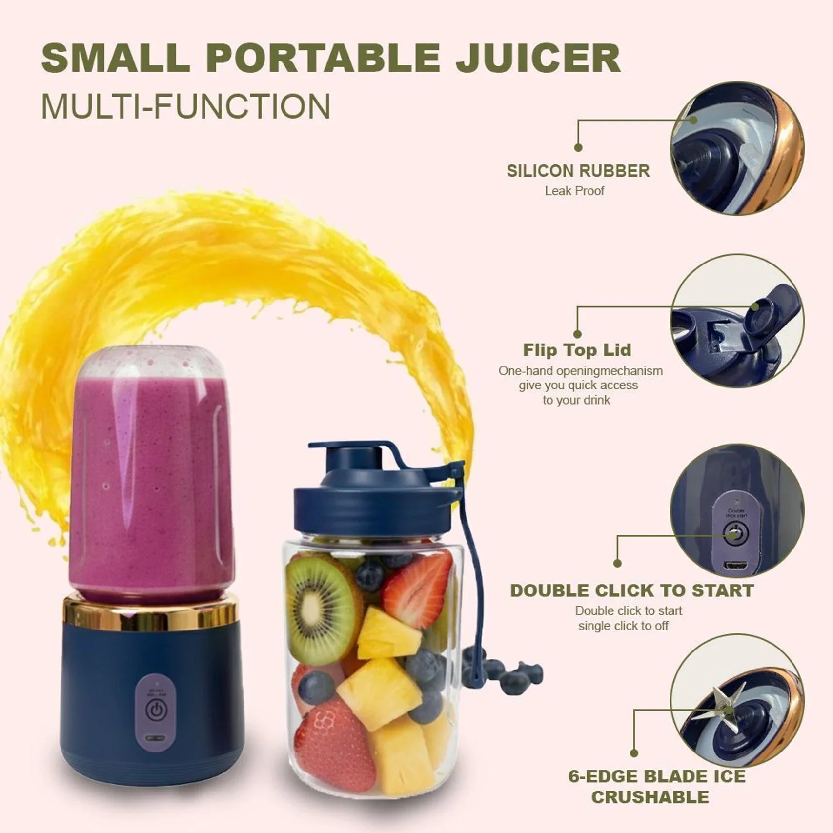 Portable Mini Juicer Blender 500ml – USB Rechargeable Mixer Grinder