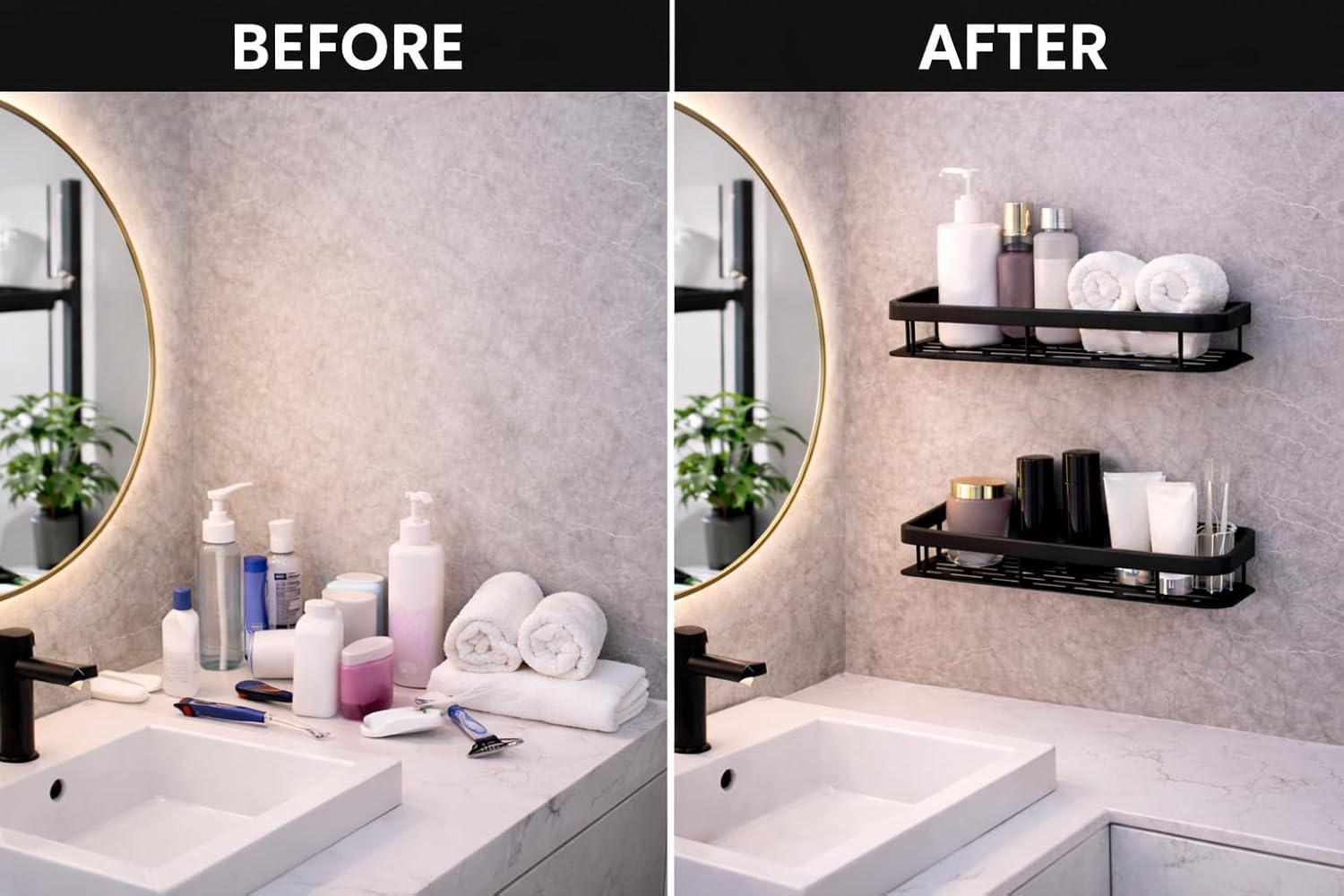Self-Adhesive Bathroom Shelf – Wall Mounted Plastic Organizer Rack for Kitchen & Bathroom Storage