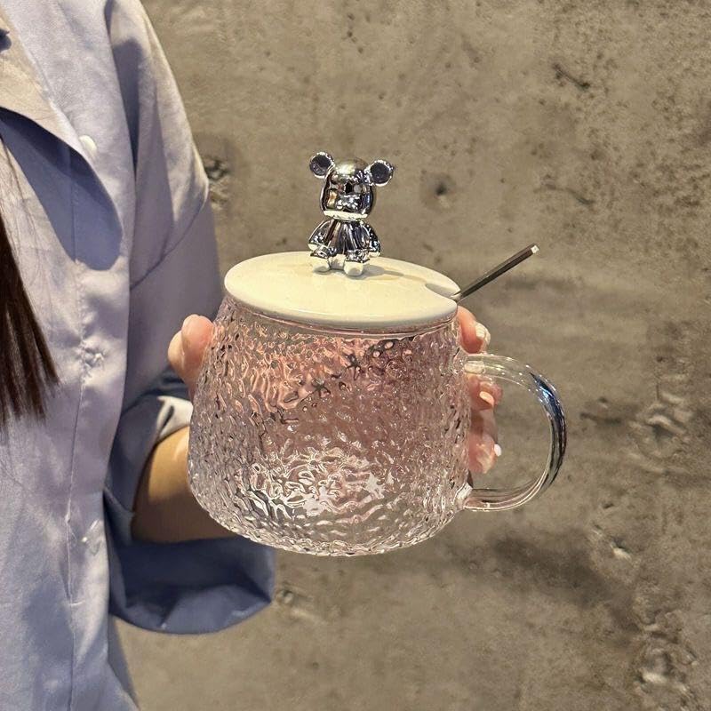 Textured Glass Coffee Mug with Bear Lid & Spoon 400ml Tea Cup