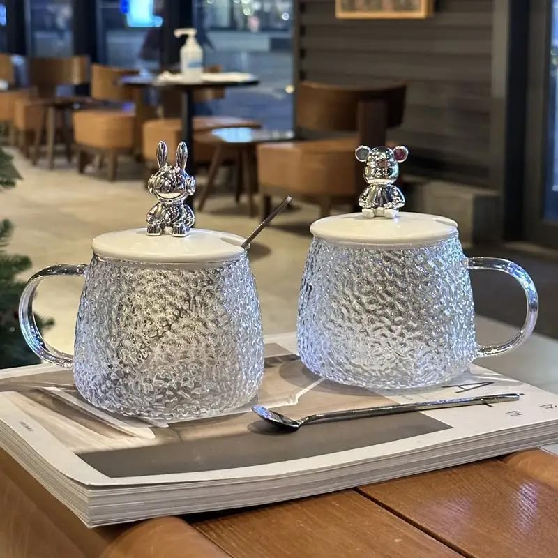 Textured Glass Coffee Mug with Bear Lid & Spoon 400ml Tea Cup