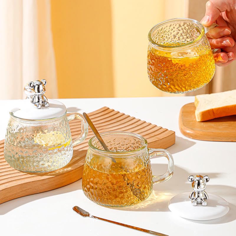 Textured Glass Coffee Mug with Bear Lid & Spoon 400ml Tea Cup