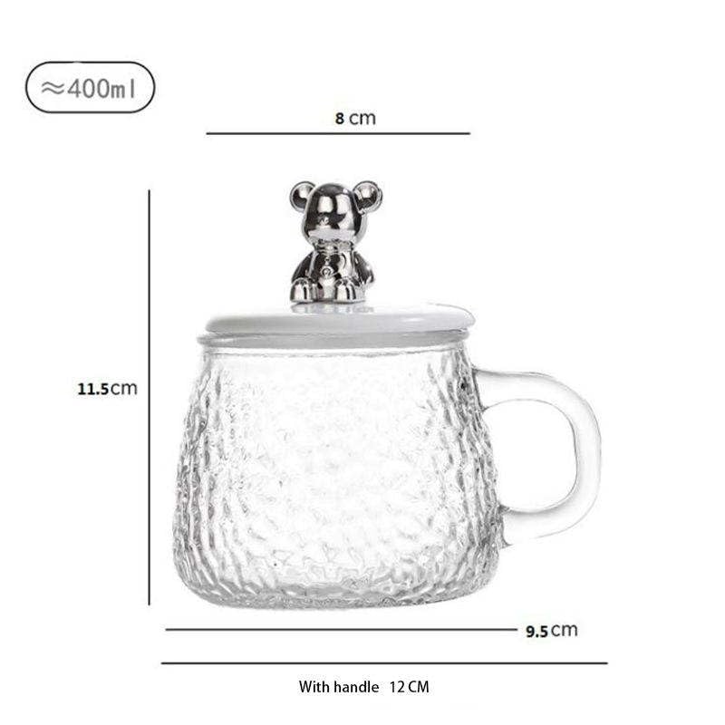 Textured Glass Coffee Mug with Bear Lid & Spoon 400ml Tea Cup