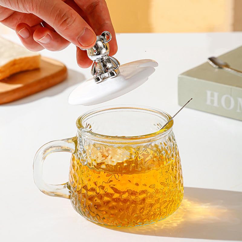 Textured Glass Coffee Mug with Bear Lid & Spoon 400ml Tea Cup
