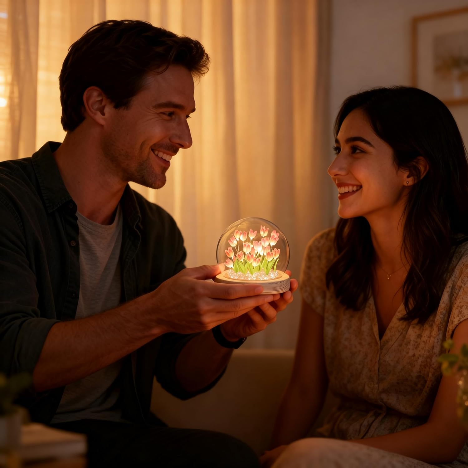 Tulip Flower Night Lamp with Glass Dome – Romantic Table Decor Gift