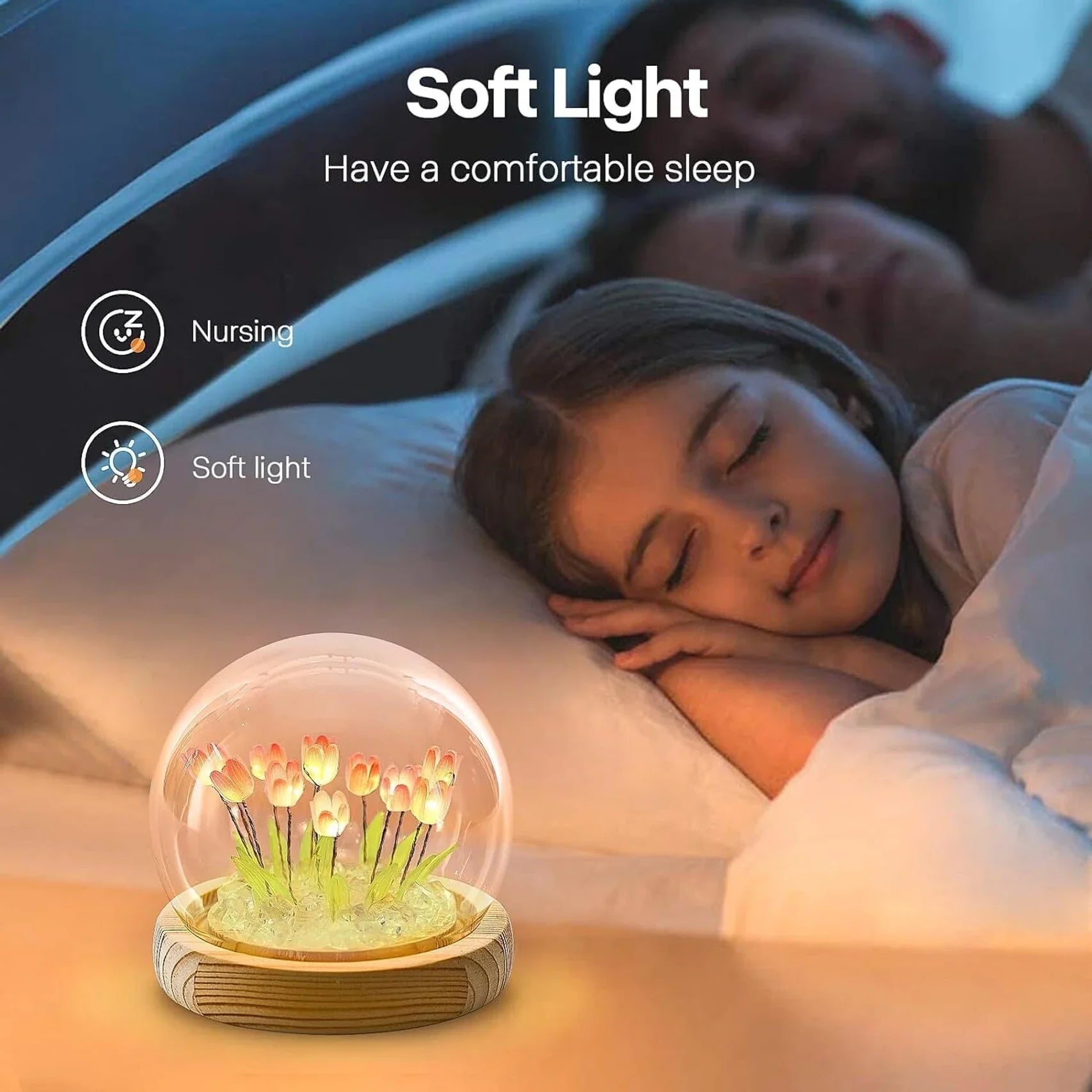 Tulip Flower Night Lamp with Glass Dome – Romantic Table Decor Gift