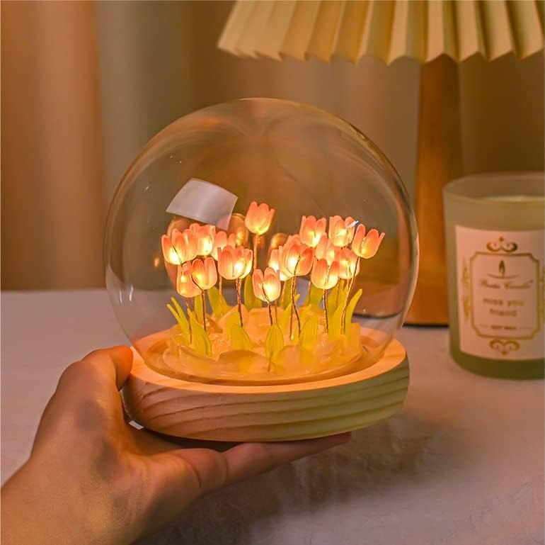 Tulip Flower Night Lamp with Glass Dome – Romantic Table Decor Gift